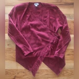 Tweeds Womems Medium Wrap Ribbed Maroon V-Neck Sweater Fringe Detail